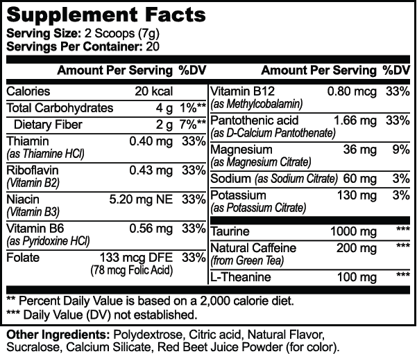 Supplement facts for Energy Powder (Strawberry Shortcake) showing nutrition details by nutrima.