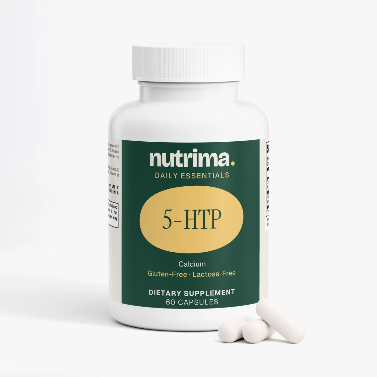 White capsule container with green and gold label showcasing 5-HTP dietary supplement by nutrima, featuring calcium.