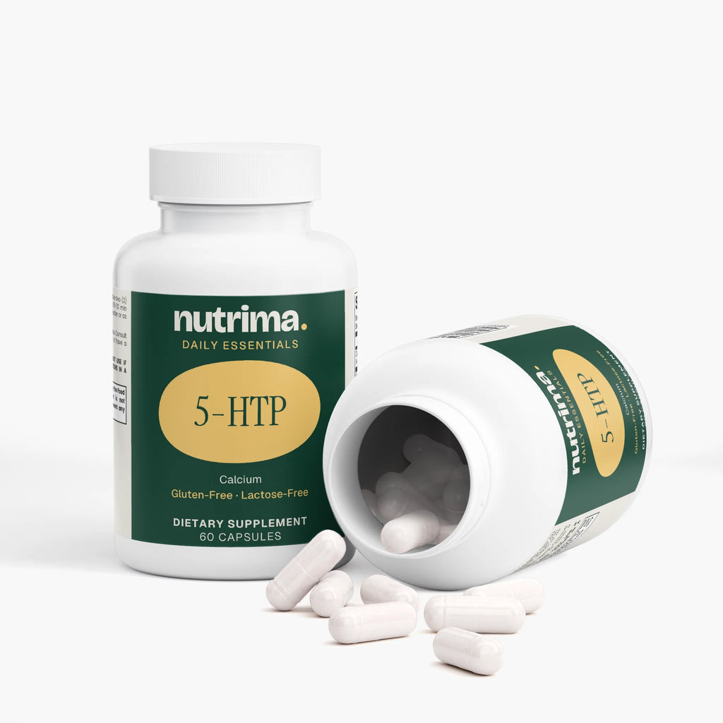 5-HTP dietary supplement bottle with capsules spilled out, featuring a dark green label by nutrima.