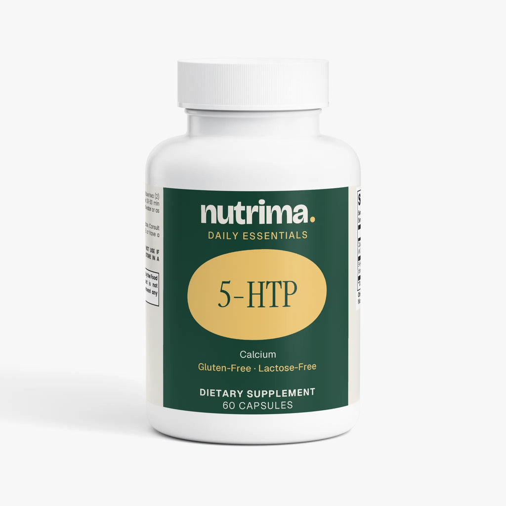 5-HTP dietary supplement bottle in white and green, featuring 60 capsules label by nutrima.