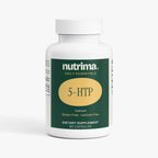 5-HTP dietary supplement bottle in white and green, featuring 60 capsules label by nutrima.