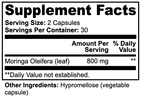 Supplement facts label detailing Moringa Oleifera (leaf) dosage in Moringa Pure (Specialty Supplements) by nutrima.