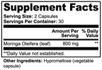 Supplement facts label detailing Moringa Oleifera (leaf) dosage in Moringa Pure (Specialty Supplements) by nutrima.