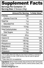 Nutritional facts for Advanced 100% Whey Protein Isolate (Vanilla) showing calories, protein, and vitamins by nutrima.