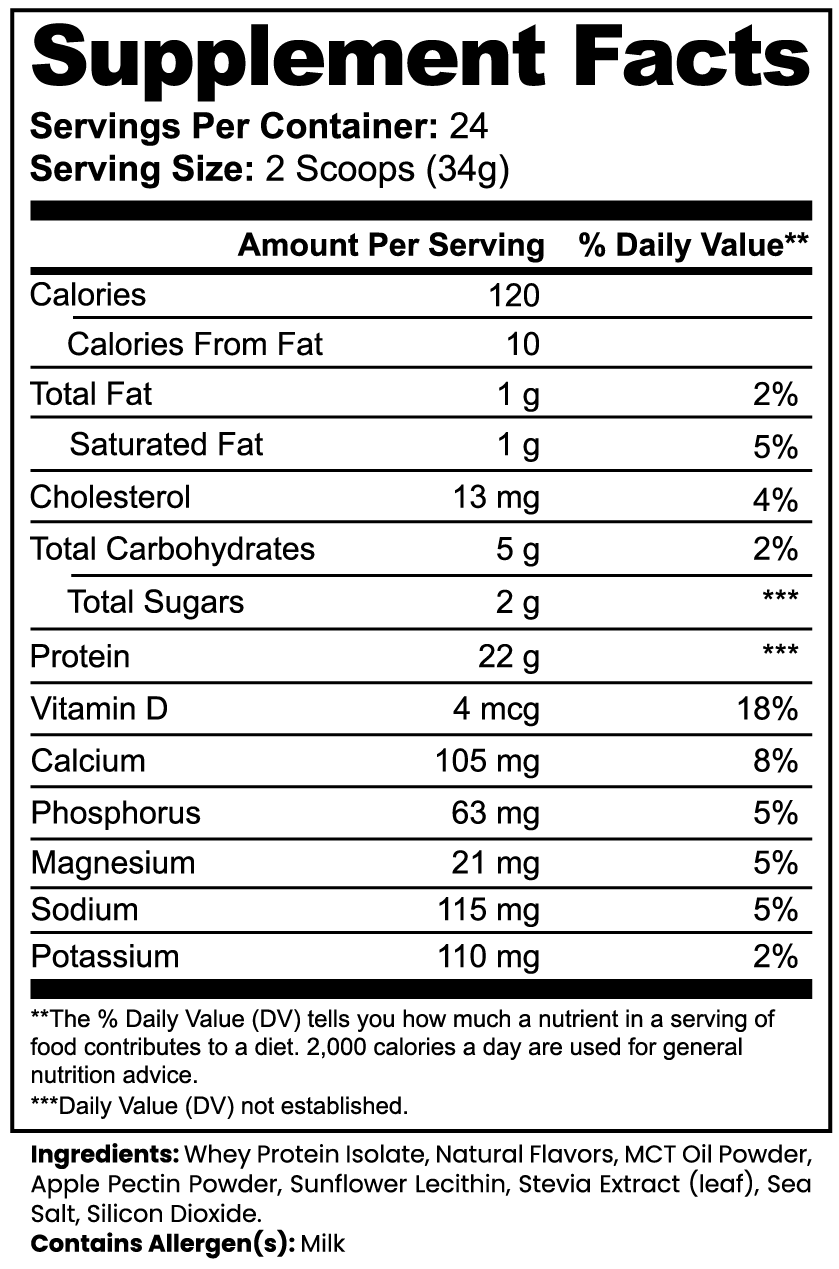 Nutritional facts for Advanced 100% Whey Protein Isolate (Vanilla) showing calories, protein, and vitamins by nutrima.