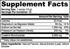 Supplement facts for Creatine Hydration Powder, detailing ingredients and nutritional values, by nutrima.