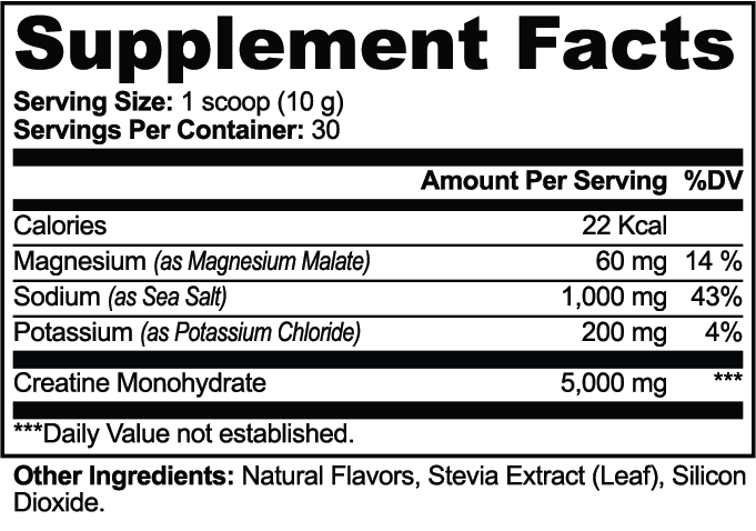 Supplement facts for Creatine Hydration Powder, detailing ingredients and nutritional values, by nutrima.