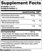 Supplement facts for Keto BHB, detailing nutrients in 2 capsules including calcium, magnesium, and sodium by nutrima.
