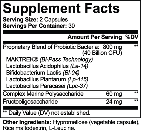 Supplement facts for Probiotic 40 Billion with Prebiotics, featuring probiotics and marine polysaccharides by nutrima.