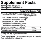 Supplement facts for Probiotic 40 Billion with Prebiotics, featuring probiotics and marine polysaccharides by nutrima.