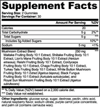 Supplement facts highlighting the ingredients and nutritional information for Mushroom Extract Complex gummies by nutrima.