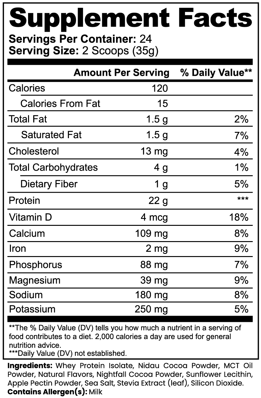 Nutrition label detailing serving size, calories, protein, and ingredients for Advanced 100% Whey Protein Isolate (Chocolate)