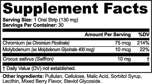 Supplement facts for Chromium, Saffron & Molybdenum Oral Strips showing ingredients and serving details by nutrima.