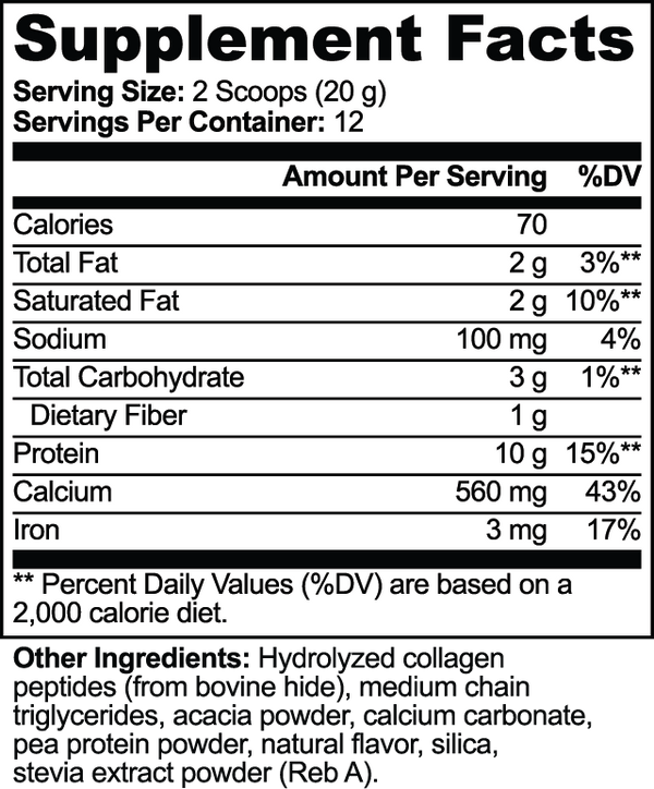 Detailed supplement facts for Grass-Fed Collagen Creamer (Vanilla) highlighting nutrients and ingredients by nutrima.