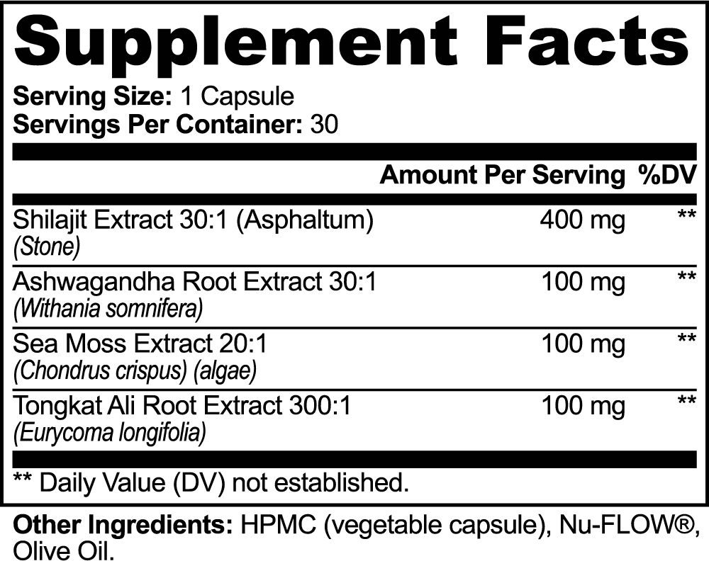 Supplement facts label detailing ingredients and amounts for Shilajit Adaptogen Complex capsules by nutrima.