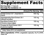 Supplement facts label detailing ingredients and amounts for Shilajit Adaptogen Complex capsules by nutrima.