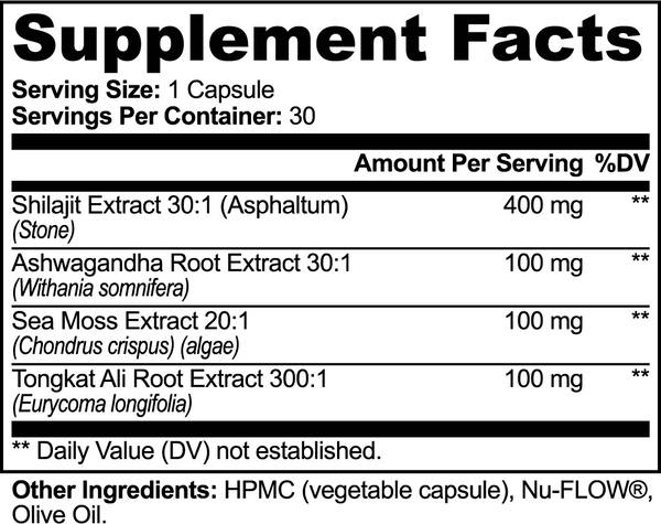 Supplement facts label detailing ingredients and amounts for Shilajit Adaptogen Complex capsules by nutrima.