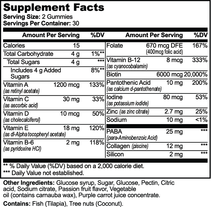 Supplement facts for Hair, Skin & Nails Gummies showing vitamins and nutrients per serving by nutrima.