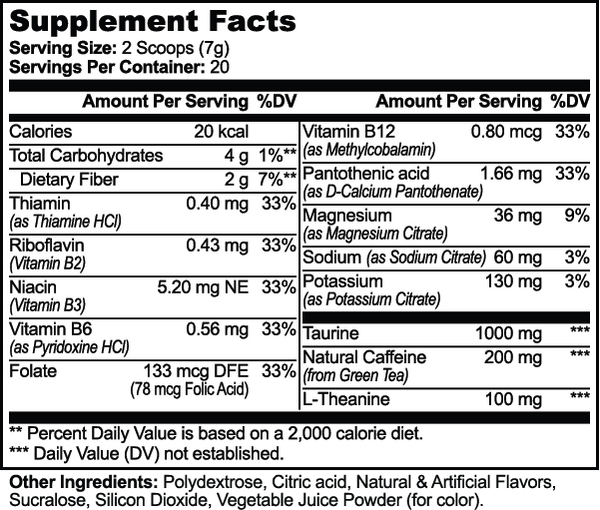 Supplement facts for Energy Powder (Melon Creamsicle), detailing nutritional information and ingredients by nutrima.
