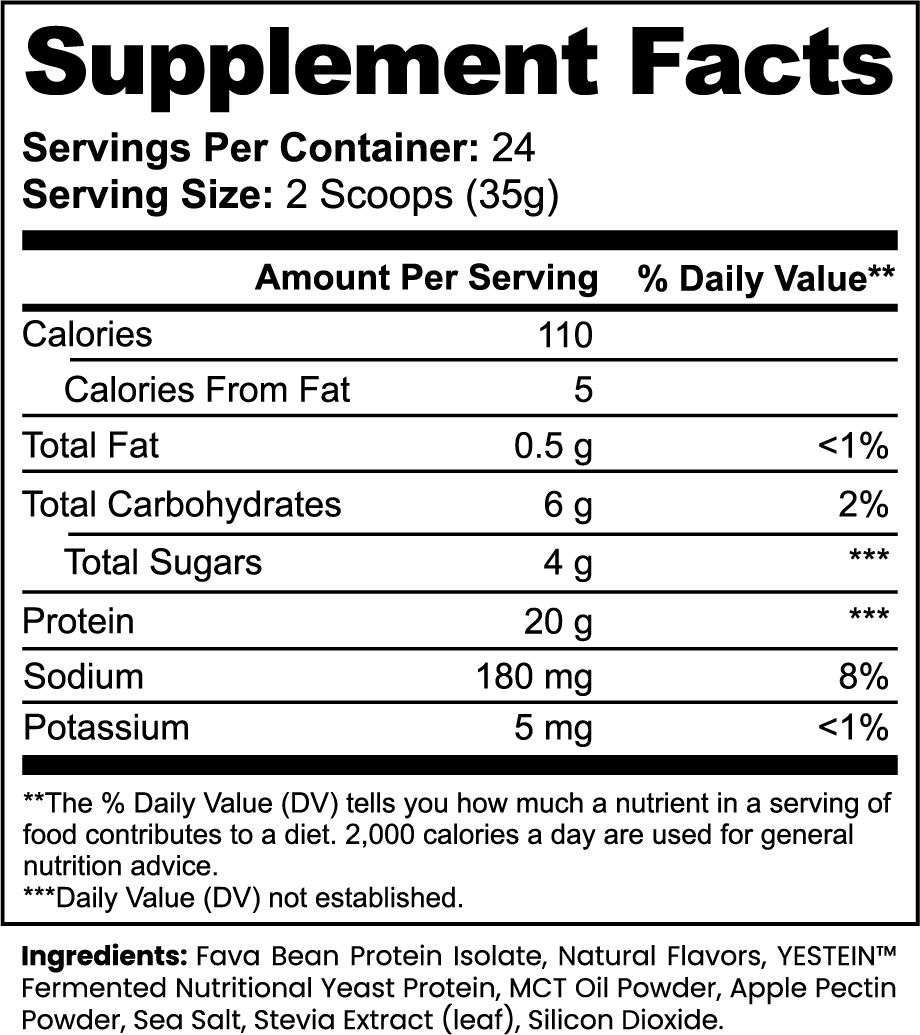 Nutrition facts label for Plant Protein (Vanilla) showing serving size, calories, and ingredients by nutrima.