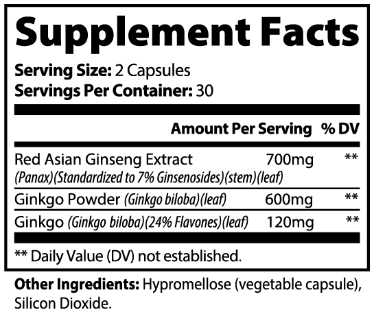 Supplement facts for Ginkgo Biloba + Ginseng showing dosage and ingredients details by nutrima.