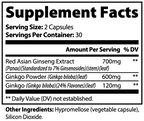 Supplement facts for Ginkgo Biloba + Ginseng showing dosage and ingredients details by nutrima.