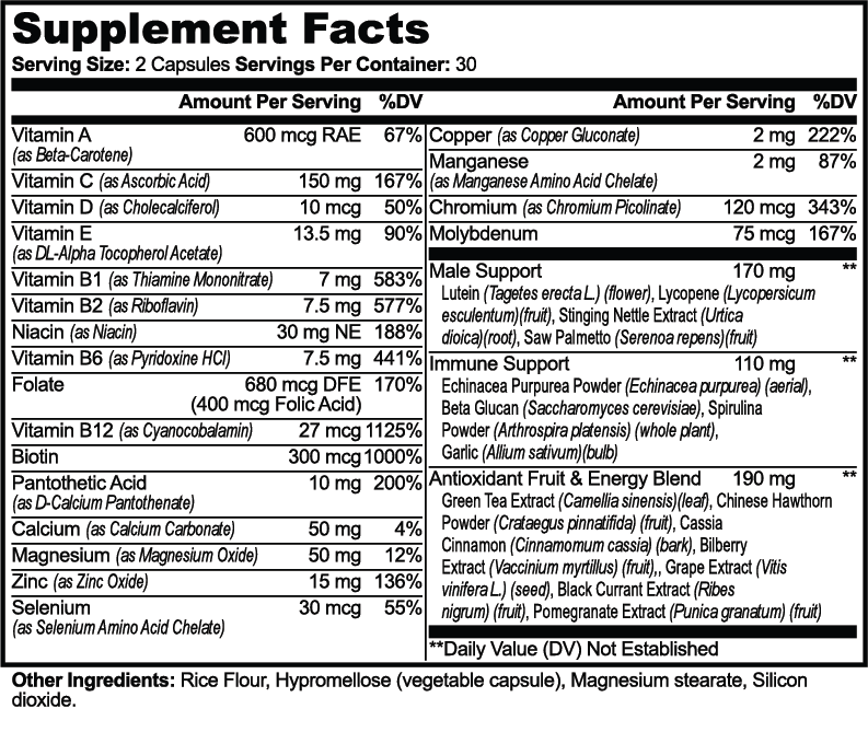 Supplement facts for Complete Multivitamin (Vitamins & Minerals) by nutrima, detailing nutrients and daily values.