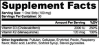Supplement facts label detailing Vitamin D3 and K2 content for Vitamin D3 + K2 Oral Strips by nutrima.