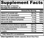 Supplement facts label for Vitamin C, Elderberry & Echinacea Capsules highlighting vitamins and extracts by nutrima.