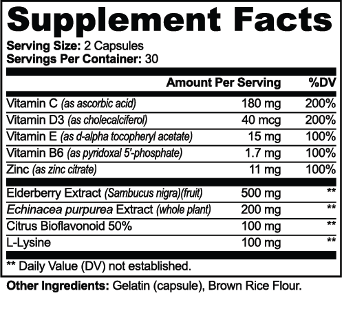 Supplement facts label for Vitamin C, Elderberry & Echinacea Capsules highlighting vitamins and extracts by nutrima.