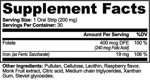 Supplement facts panel detailing ingredients and nutritional information for Iron Strips (Vitamins & Minerals) by nutrima.