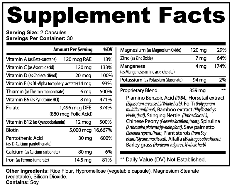 Supplement facts panel for Hair, Skin and Nails Essentials showing vitamins and minerals, by nutrima.