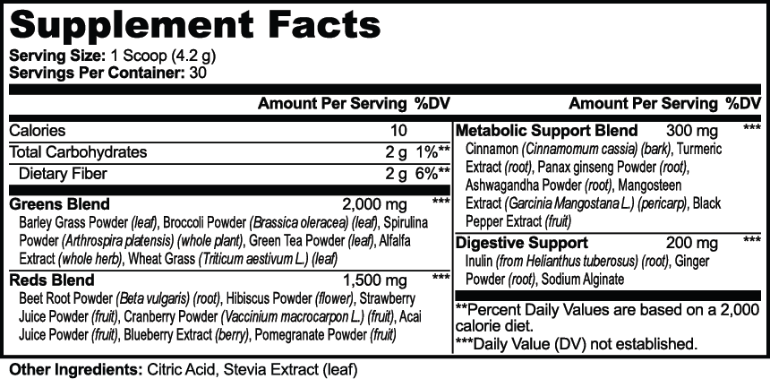 Detailed supplement facts for Greens Superfood, highlighting nutrients and blends by nutrima.
