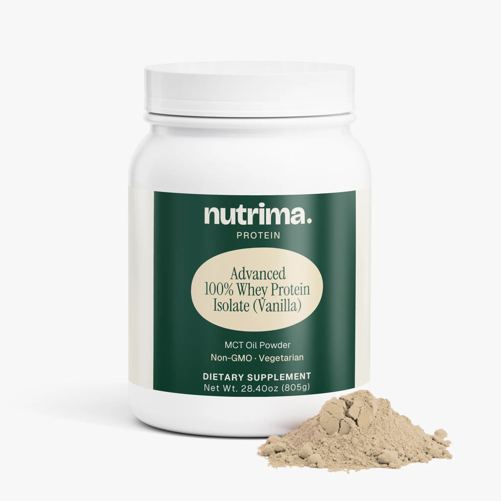 Advanced 100% Whey Protein Isolate (Vanilla) in a white tub with beige powder spilled beside it by nutrima.