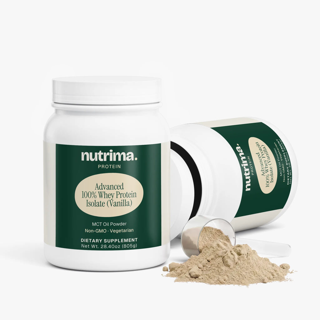 Advanced 100% Whey Protein Isolate (Vanilla) powder in a white container with a scoop and powder spill by nutrima.