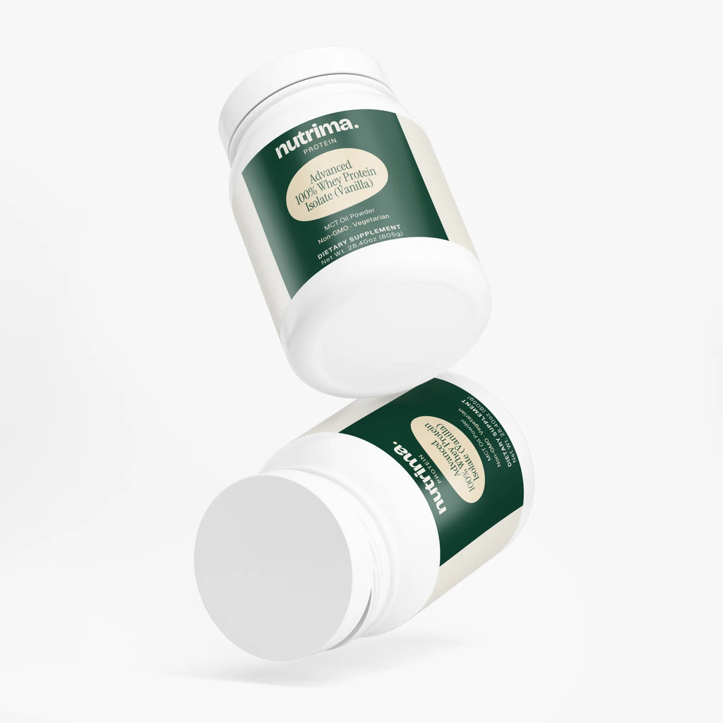 The Advanced 100% Whey Protein Isolate (Vanilla) displayed in two jars with a clean, minimalist design by nutrima.
