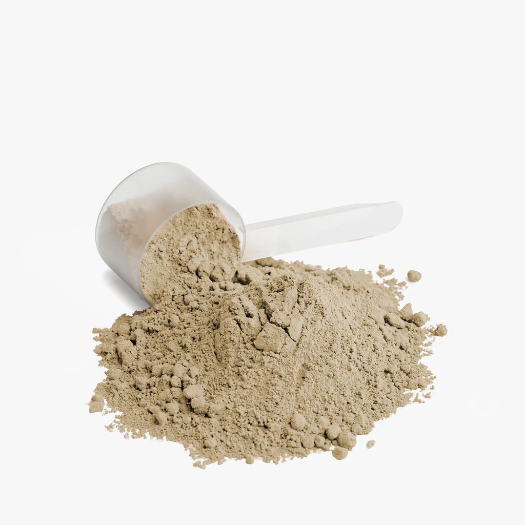 Scoop filled with Advanced 100% Whey Protein Isolate (Vanilla) powder, showing fine texture and light color by nutrima.