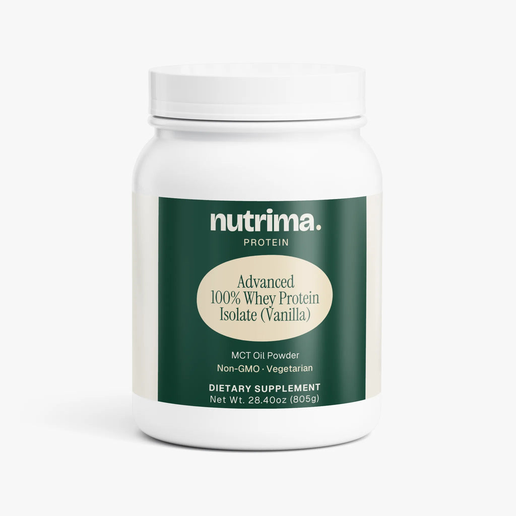 White container of Advanced 100% Whey Protein Isolate (Vanilla) featuring green label design by nutrima.