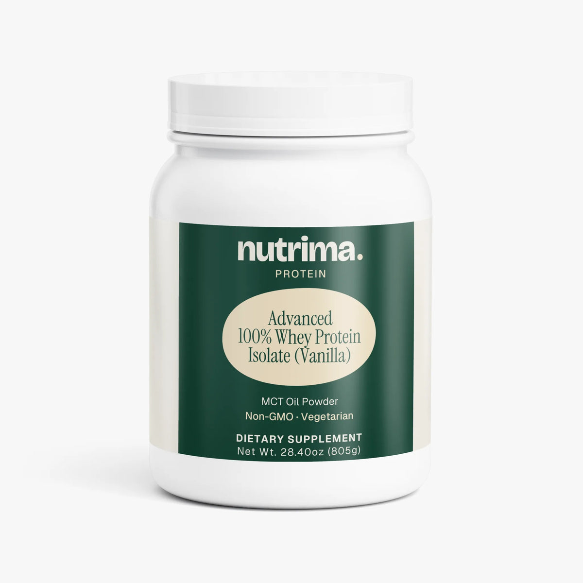 White container of Advanced 100% Whey Protein Isolate (Vanilla) featuring green label design by nutrima.