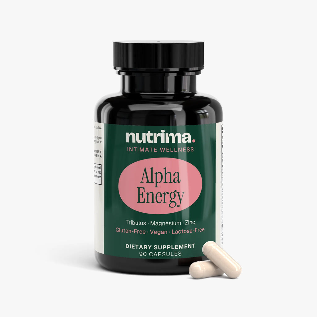 Alpha Energy dietary supplement in a black bottle, featuring pink label and three capsules beside it, by nutrima.