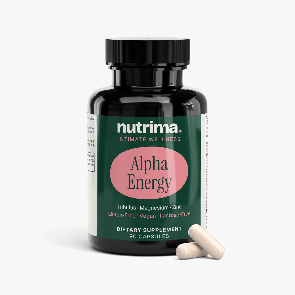 Alpha Energy dietary supplement in a black bottle, featuring pink label and three capsules beside it, by nutrima.