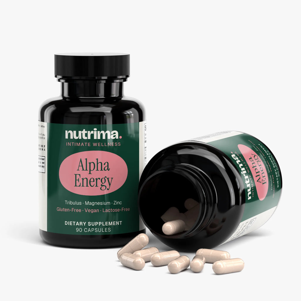 Black bottle of Alpha Energy dietary supplement with capsules spilling out, featured by nutrima.