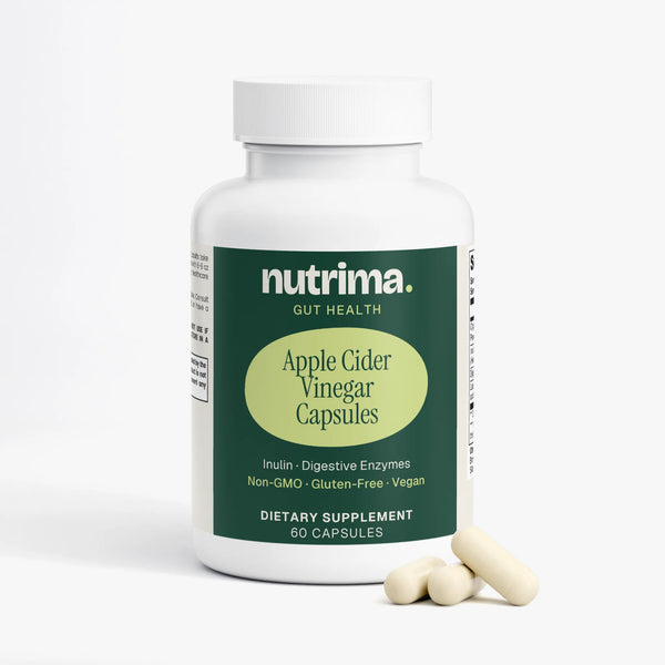 Apple Cider Vinegar Capsules in a white bottle, featuring three capsules.