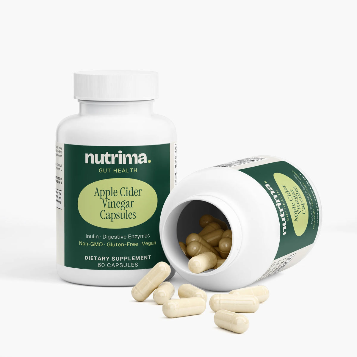 Apple Cider Vinegar Capsules in a white bottle with a green label, some capsules scattered, by nutrima.