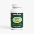 White bottle of Apple Cider Vinegar Capsules featuring a green label, dietary supplement by nutrima.