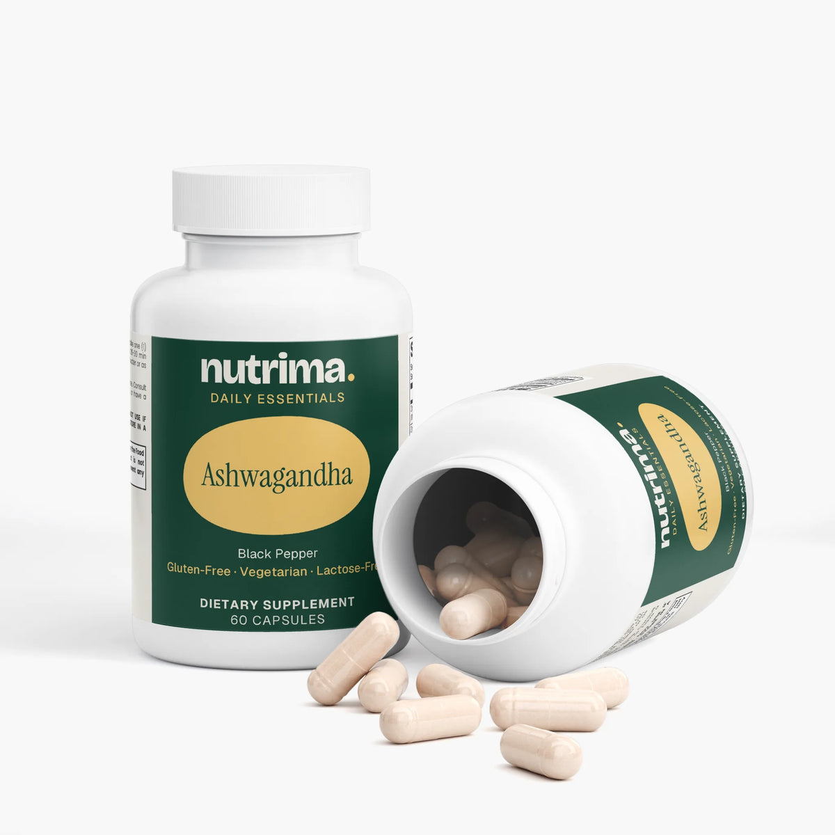 Ashwagandha capsules are shown in a bottle with some spilling out, highlighting the packaging by nutrima.