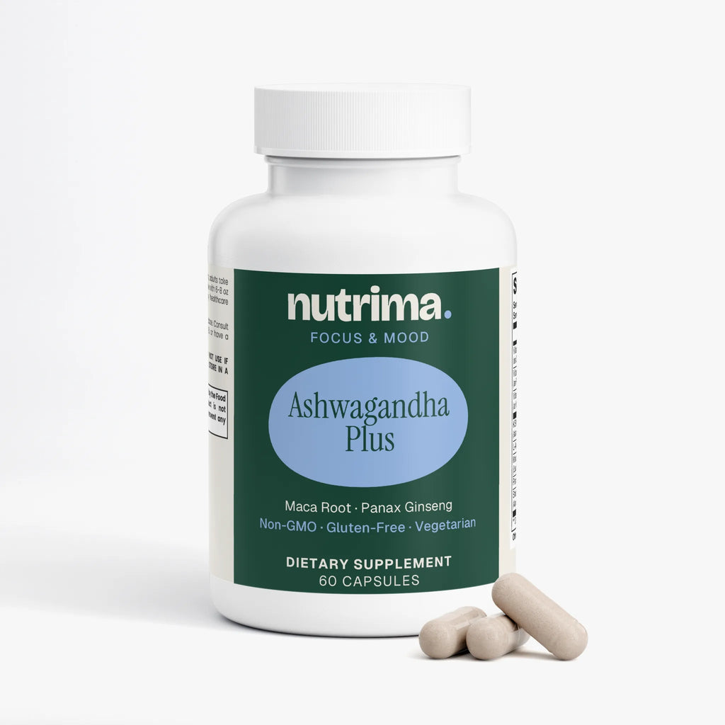 White bottle of Ashwagandha Plus dietary supplement with gray and blue label, alongside three capsules, by nutrima.