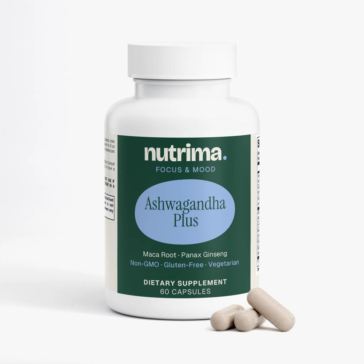 White bottle of Ashwagandha Plus dietary supplement with gray and blue label, alongside three capsules, by nutrima.