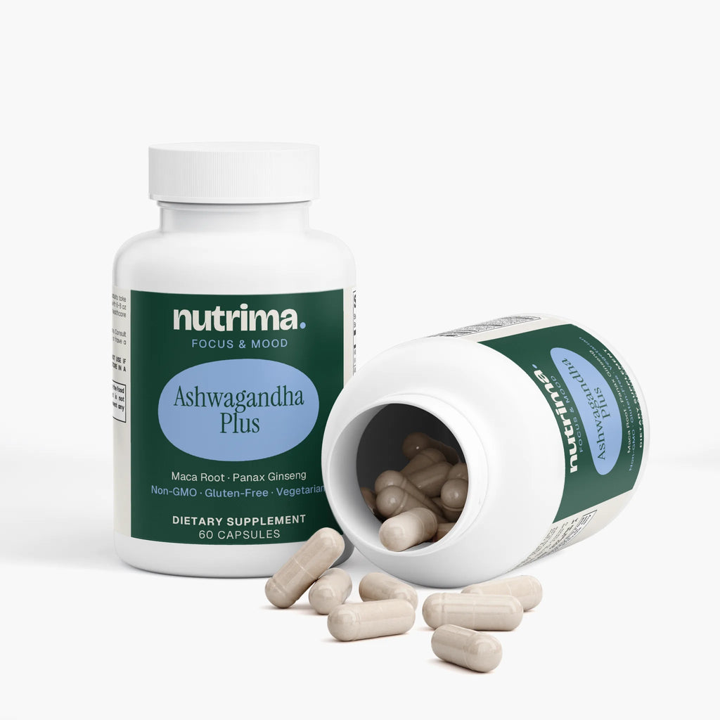 Ashwagandha Plus capsules are shown with a partially open bottle, featuring a clean design by nutrima.