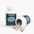 Ashwagandha Plus capsules are shown with a partially open bottle, featuring a clean design by nutrima.